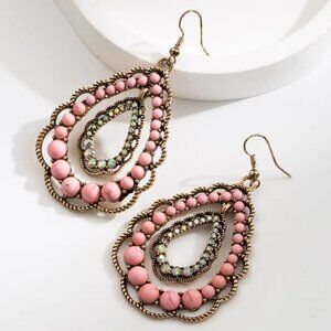 2/$24 Pink Teardrop Vintage Statement Earrings With Rhinestones & Beads